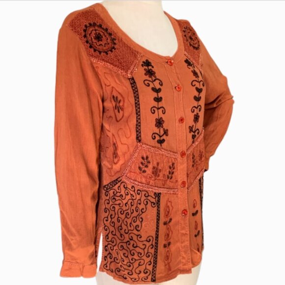 Select Boutique BOHO Embroidered Button Front Tunic Top S/M Rust Brown 87E - Picture 3 of 6